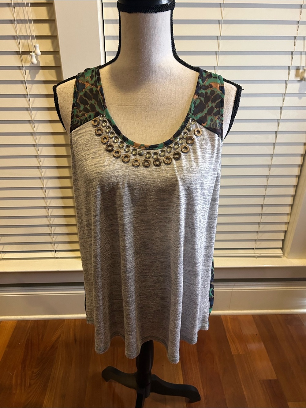 Miss Me Gray Tank with Green Camo Trim and Stud Accents